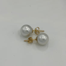 Load image into Gallery viewer, Australian South sea pearl studs set in 9ct yellow gold with butterflies also in 9ct These earrings feature 9.9mm, Round pearls, AAA grade with Excellent lustre&nbsp;  White with silver hues in color  J3181
