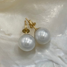 Load image into Gallery viewer, Australian South sea pearl studs set in 9ct yellow gold with butterflies also in 9ct These earrings feature 9.9mm, Round pearls, AAA grade with Excellent lustre&nbsp;  White with silver hues in color  J3181
