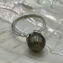 Load image into Gallery viewer, This ring features a Fijian South Sea Pearl set in 925 sterling silver and rhodium coated for a non tarnish finish  This pearl is Drop in shape and 10.5mm in size with High lustre and AAA  This pearl is Green and Pistachio hues in color  J3412  Size 62
