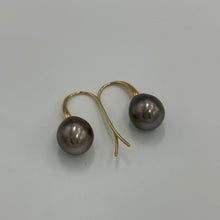 Load image into Gallery viewer, 9ct Yellow Gold French hook earrings featuring a pair of Drop shaped Pearls,&nbsp; rich Aubergine in colour.  These Pearls are 11.3 x 12.8mm in size  J3339
