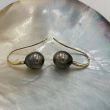 Load image into Gallery viewer, 9ct Yellow Gold French hook earrings featuring a pair of Drop shaped Pearls,&nbsp; rich Aubergine in colour.  These Pearls are 11.3 x 12.8mm in size  J3339
