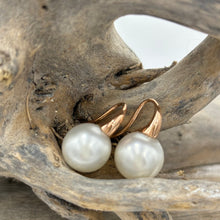 Load image into Gallery viewer, Australian South sea pearl earrings set on 9ct Rose gold short french hook style earrings featuring 10.7mm pearls, Round in shape, White with pink hues, AAA grade  This setting can be made to order with the pearls of your choice  J3422
