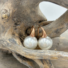 Load image into Gallery viewer, Australian South sea pearl earrings set on 9ct Rose gold short french hook style earrings featuring 10.7mm pearls, Round in shape, White with pink hues, AAA grade  This setting can be made to order with the pearls of your choice  J3422
