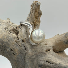 Load image into Gallery viewer, This gorgeous design ring is 925 sterling silver with a twist feature.  It holds an Australian South Sea Pearl, Button in shape, 10.3mm in size and White in color  Size N/ 54  J3254
