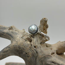 Load image into Gallery viewer, This ring features a Tahitian South Sea Pearl set in&nbsp;925 sterling silver and rhodium coated for a non tarnish finish.  This beautiful Blue pearl is an unusual Baroque Button shape and 10.7mm x 11.2mm in size.  Size P/ 57  J3438
