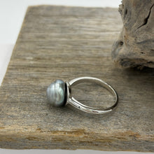 Load image into Gallery viewer, This ring features a Tahitian South Sea Pearl set in&nbsp;925 sterling silver and rhodium coated for a non tarnish finish.  This beautiful Blue pearl is an unusual Baroque Button shape and 10.7mm x 11.2mm in size.  Size P/ 57  J3438
