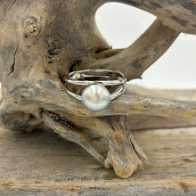 Load image into Gallery viewer, This split band ring features an Abrolhos Islands Australian South Sea Pearl set in 925 sterling silver and rhodium coated for a non tarnish finish.  The pearl is button in shape,&nbsp; and 9.2mm in size and a pastel Grey Blue with Brown hues color . These pastel tones are typical of the pearls grown off the Abrolhols Islands of WA  Size Q / 58  J3436
