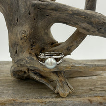 Load image into Gallery viewer, This split band ring features an Abrolhos Islands Australian South Sea Pearl set in 925 sterling silver and rhodium coated for a non tarnish finish.  The pearl is button in shape,&nbsp; and 9.2mm in size and a pastel Grey Blue with Brown hues color . These pastel tones are typical of the pearls grown off the Abrolhols Islands of WA  Size Q / 58  J3436
