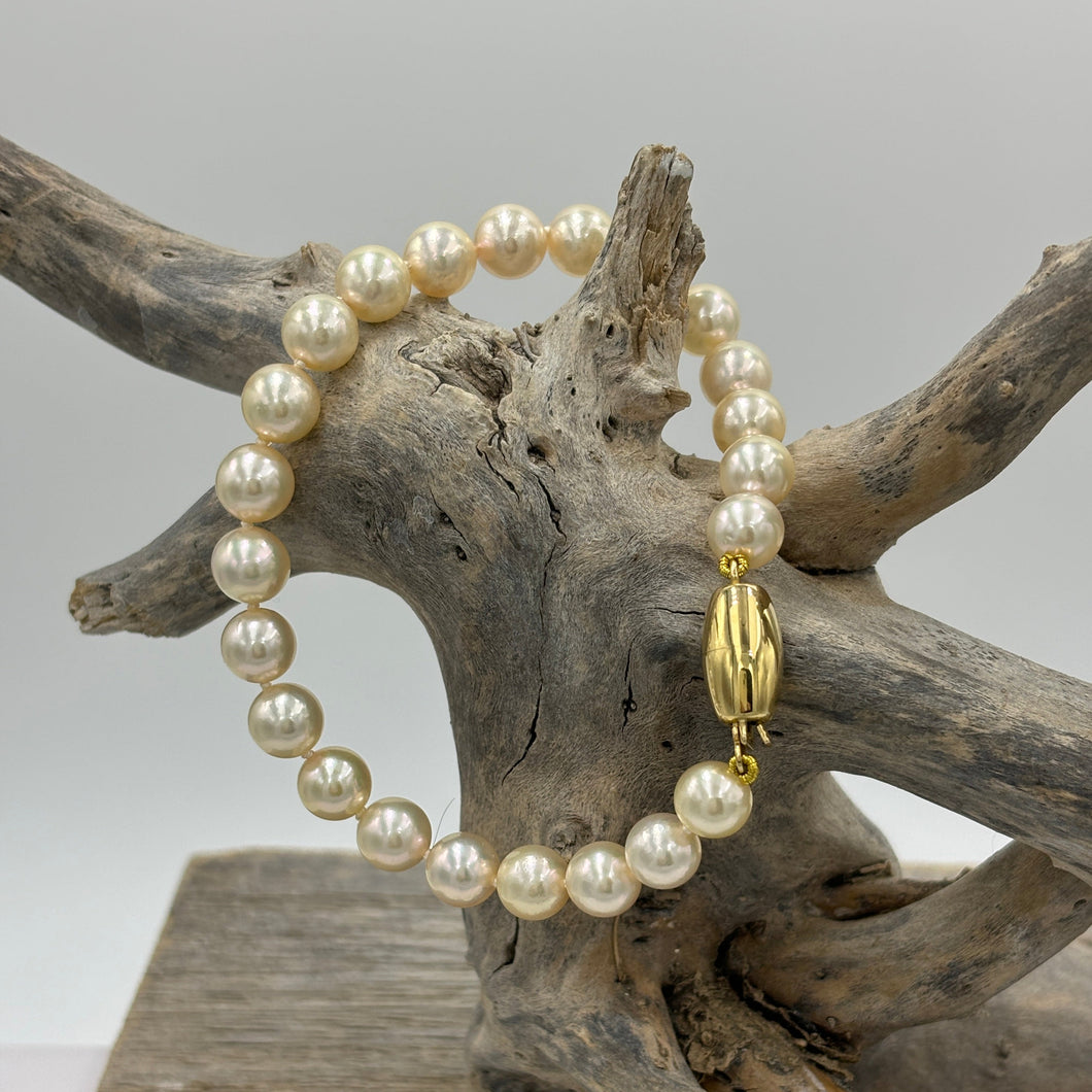 A Timeless and Classic bracelet featuring stunning Akoya Sea pearls.  This bracelet features twenty three round pearls, 7mm- 7.5mm, AAA grade, high lustre pearls of subtle Champagne color.  The clasp is a barrel shape polished 18ct yellow gold clasp.