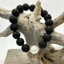 Load image into Gallery viewer, &#39;Lavanti&#39; White South Sea Pearl and Black Lava Bead Bracelet
