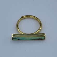 Load image into Gallery viewer, 18K gold plated sterling silver with bezel set New Zealand Blue Green Paua shell inlay.  The finish is polished and this ring is adjustable in size.
