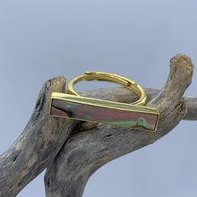 Load image into Gallery viewer, 18K gold plated sterling silver with bezel set New Zealand Blue Green Paua shell inlay.  The finish is polished and this ring is adjustable in size.
