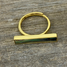 Load image into Gallery viewer, 18K gold plated sterling silver with bezel set New Zealand Blue Green Paua shell inlay.  The finish is polished and this ring is adjustable in size.
