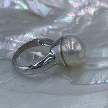 Load image into Gallery viewer, Sterling Silver &#39;chunky&#39; style ring featuring a beautiful Baroque 13.7mm White Freshwater Pearl held safely inside the large cup.  It is rhodium coated for a non tarnish finish.  One size only 62
