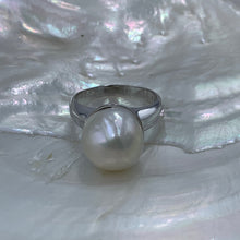 Load image into Gallery viewer, Sterling Silver &#39;chunky&#39; style ring featuring a beautiful Baroque 13.7mm White Freshwater Pearl held safely inside the large cup.  It is rhodium coated for a non tarnish finish.  One size only 62
