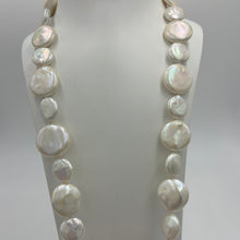 Load image into Gallery viewer, This exceptional quality Long White seedless Coin Freshwater pearl strand features a mix of 15mm and 21mm pearls of high lustre and white with cream hues in color.  It is fully knotted with a strong 10mm magnetic&nbsp; Gold Plated sterling silver clasp.&nbsp;  The length including clasp is 72cm.  SH469
