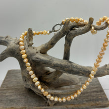 Load image into Gallery viewer, This apricot/gold color Freshwater pearl strand is very subtle and can easily be layered or worn on its own.  It features featuring 5 x7mm &#39;popcorn&#39; pearls with a Sterling Silver clasp and is fully knotted.  The length including clasp is 43cm.
