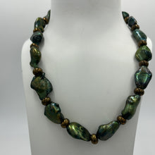 Load image into Gallery viewer, An unusual and stunning Freshwater Baroque Pearl necklace/strand featuring bottle Green color pearls, 15 x 22mm in size, set in amongst Bronze beads with a Gold Plated T-bar clasp.  Length including clasp is 46cm  SH468
