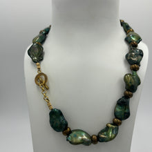 Load image into Gallery viewer, An unusual and stunning Freshwater Baroque Pearl necklace/strand featuring bottle Green color pearls, 15 x 22mm in size, set in amongst Bronze beads with a Gold Plated T-bar clasp.  Length including clasp is 46cm  SH468
