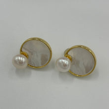 Load image into Gallery viewer, These earrings feature a beautiful 14mm Mother of Pearl shell&nbsp; disc topped with a white freshwater 7mm button pearl. This can be worn separately as studs also.  They are set in 18ct gold plating over 925 sterling silver.
