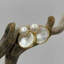 Load image into Gallery viewer, These earrings feature a beautiful 14mm Mother of Pearl shell&nbsp; disc topped with a white freshwater 7mm button pearl. This can be worn separately as studs also.  They are set in 18ct gold plating over 925 sterling silver.
