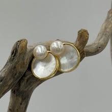 Load image into Gallery viewer, These earrings feature a beautiful 14mm Mother of Pearl shell&nbsp; disc topped with a white freshwater 7mm button pearl. This can be worn separately as studs also.  They are set in 18ct gold plating over 925 sterling silver.
