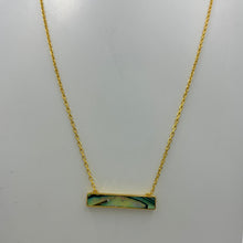 Load image into Gallery viewer, 18K gold plated over 925 sterling silver pendant and chain.  Polish finish pendant with a bezel set rectangular Blue Green NZ Paua shell in the centre.
