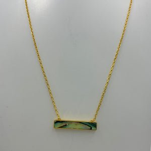 18K gold plated over 925 sterling silver pendant and chain.  Polish finish pendant with a bezel set rectangular Blue Green NZ Paua shell in the centre.