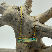 Load image into Gallery viewer, 18K gold plated over 925 sterling silver pendant and chain.  Polish finish pendant with a bezel set rectangular Blue Green NZ Paua shell in the centre.
