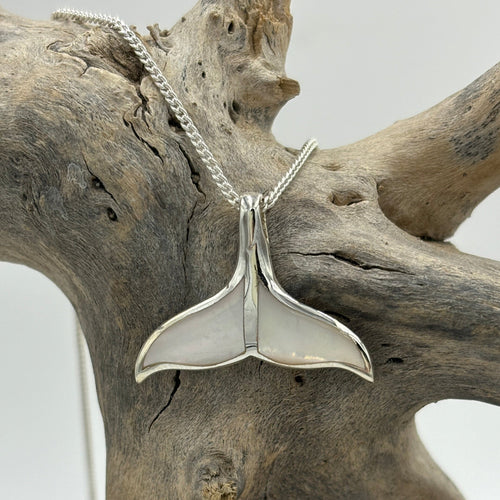 Sterling Silver Pendant features white Mother of Pearl shell in the shape of a Whale Tail.  Price includes Base Metal chain.