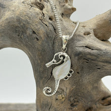 Load image into Gallery viewer, Sterling Silver Mother of Pearl inlay Seahorse pendant.  Price includes Base Metal chain.
