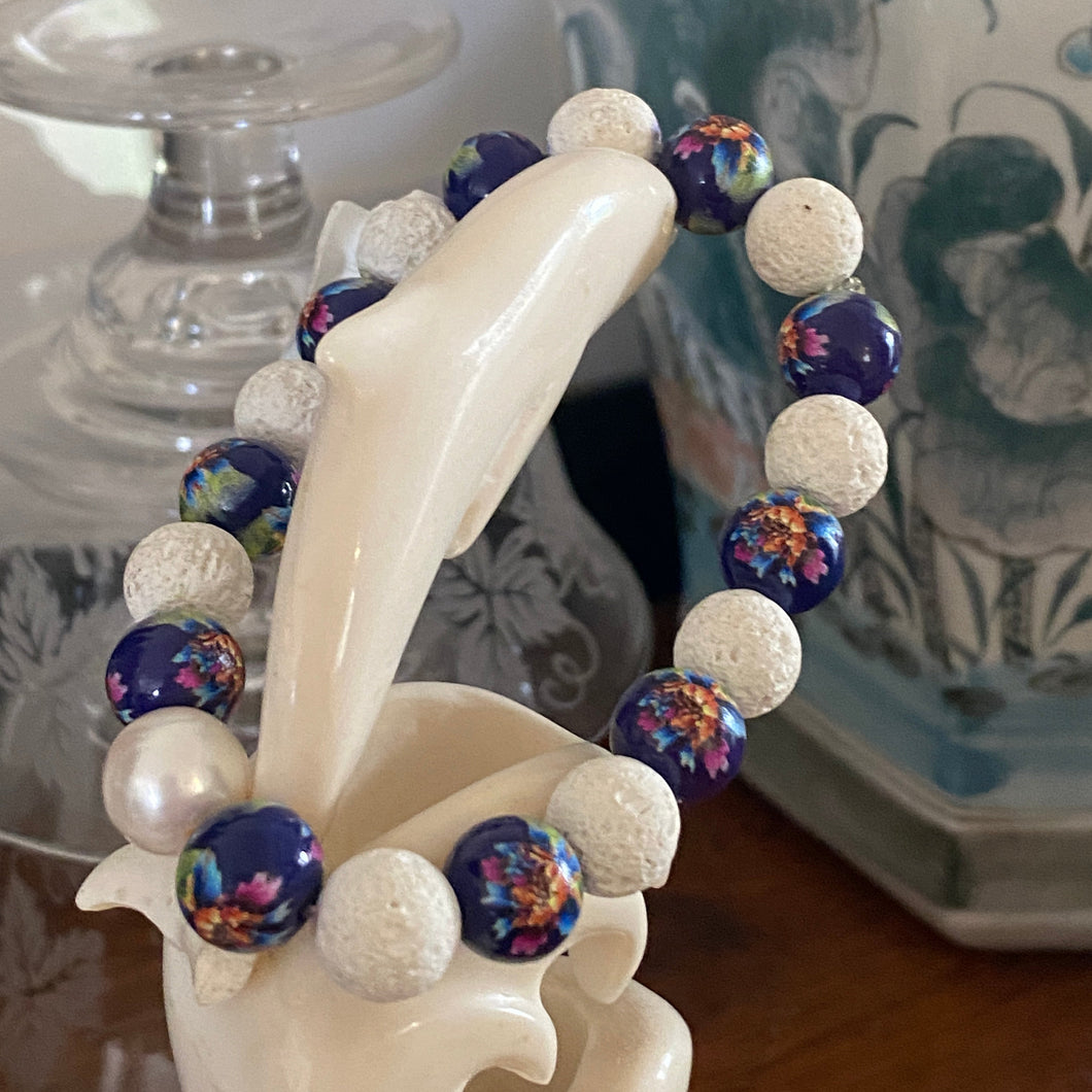 White Lava and vintage glass bead Bracelet