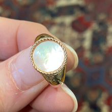 Load image into Gallery viewer, We named this ring Glow because the nacre of the Mother of Pearl inlay in this ring literally glows in the daylight and the moonlight   It is Rose gold plated over Sterling Silver and measures 12mm across the top  This stunning ring is adjustable in size so one size fits all
