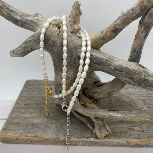 White Drop Freshwater Pearls, 3-4mm in Size, with Sterling Silver Clasp, 19 cm or 21cm with a 3cm extension chain

Note the 21cm works as an anklet

 Also available with gold plated chain and clasp

There is also a matching necklace