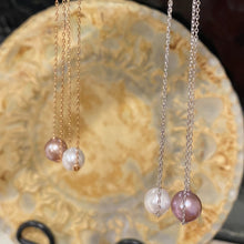 Load image into Gallery viewer, This Slider necklace features a single 10-11mm Round freshwater pearl   Choose a Pink, White or Grey pearl  Then choose if you want a rose gold or silver chain  The chain is Sterling Silver Trace Chain with a protective cheneer tube through the pearl for protection and easy sliding  The chains are adjustable in length from 40cm or 45cm
