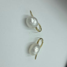 Load image into Gallery viewer, 925 Sterling silver Hook style earrings, featuring a White Button Shape Freshwater Pearl 11-12mm  Overall height 20mm  Also available with 9ct yellow gold settings 
