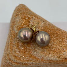 Load image into Gallery viewer, Exquisite natural Chcocolate Pink Edison pearls set in 9ct yellow&nbsp; gold stud settings including butterflies.

These earrings feature a pair of exquisite 11mm Round highest quality pearls with excellent lustre and flawless skin.&nbsp;

