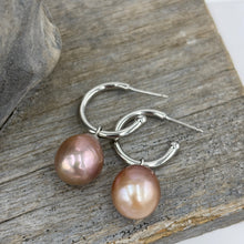 Load image into Gallery viewer, The &#39;Hoop&#39;&nbsp; Sterling Silver Earrings feature lustrous natural Pink Freshwater Pearls that can be interchanged.

The pearls are Drop Semi baroque in shape and 11 x 13mm in size and deep pink in colour.

Stud fitting with overall measurement: 35mm
Pearl size: 11mm
