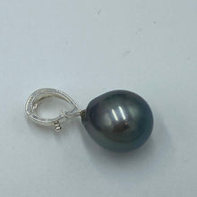 Load image into Gallery viewer, Sterling silver pendant enhancer featuring Tahitian South Sea Pearl, Drop shape, 13 x 15mm in size and natural Green with Blue Grey  tones  J3288
