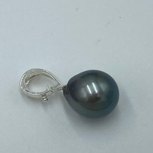 Sterling silver pendant enhancer featuring Tahitian South Sea Pearl, Drop shape, 13 x 15mm in size and natural Green with Blue Grey  tones  J3288
