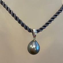 Load image into Gallery viewer, Sterling silver pendant enhancer featuring Tahitian South Sea Pearl, Drop shape, 13 x 15mm in size and natural Green with Blue Grey  tones  J3288

