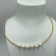 Load image into Gallery viewer, 14ct gold plated over 925 sterling silver wire wrap necklace featuring 6 white drop shaped freshwater pearls, 7.5 x 9.5mm in size  The necklace is open ended and fits all neck sizes and has a single white 6mm freshwater pearl on either end 
