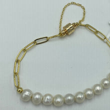 Load image into Gallery viewer, Elegant and stylish - this 14ct Yellow gold plated over 925 Sterling silver square link chain and pearl bracelet, features a magnetic clasp and safety chain with 10 white Freshwater pearls, 6mm in size.   Length 18.5cm

