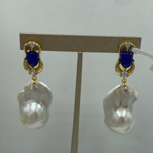 Load image into Gallery viewer, 18K gold plated over 925 sterling silver stud style earrings  Featuring Blue Lapis, Cubic zirconia and Large Baroque  shaped Freshwater pearls, 13 x 24mm in size and White in color iwth high lustre  Overall these earrings are 40mm from top to bottom   YIS-special
