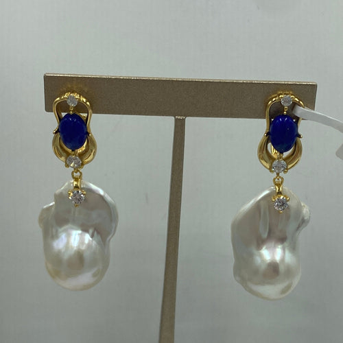 18K gold plated over 925 sterling silver stud style earrings  Featuring Blue Lapis, Cubic zirconia and Large Baroque  shaped Freshwater pearls, 13 x 24mm in size and White in color iwth high lustre  Overall these earrings are 40mm from top to bottom   YIS-special