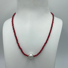 Load image into Gallery viewer, Australian South Sea pearl necklace with faceted red agate gemstones and a sterling silver peanut clasp  This stunning necklace features a single White Australian  South Sea pearls ,  Button in shape,  10.2mm in size, and White with Silver hues in color  The overall length is 42cm  Good lustre and light natural &#39;birthmarks&#39;  J3335
