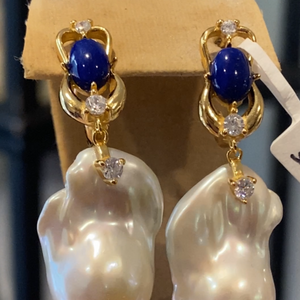 18K gold plated over 925 sterling silver stud style earrings  Featuring Blue Lapis, Cubic zirconia and Large Baroque  shaped Freshwater pearls, 13 x 24mm in size and White in color iwth high lustre  Overall these earrings are 40mm from top to bottom   YIS-special
