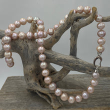 Load image into Gallery viewer, Freshwater pearl strand featuring shades of natural pink and lavender with high lustre.

This strand is 57cm long and the pearls are Round, 9-10.5mm in size with a stunning sterling silver clasp with a non tarnish finish
