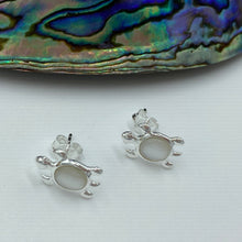 Load image into Gallery viewer, These cute Turtle earrings are a stud style and the turtle is inset with  Mother of Pearl shell. They are 925 sterling silver   15mm from top to base of Turtle  These are also available in Paua shell inlay or also as hook style
