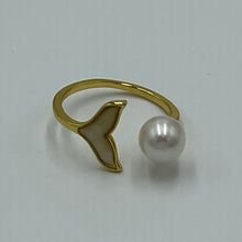 Load image into Gallery viewer, This stunning ring is adjustable in size and features white Mother of Pearls shell in the shape of a Whale Tail  It is 14k gold plated over 925 Sterling silver ring
